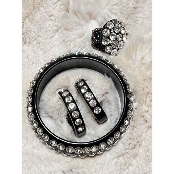 Bangle Set with Matching Ring and Hoop Earrings Black with Clear rhinestones - Picture 1 of 3